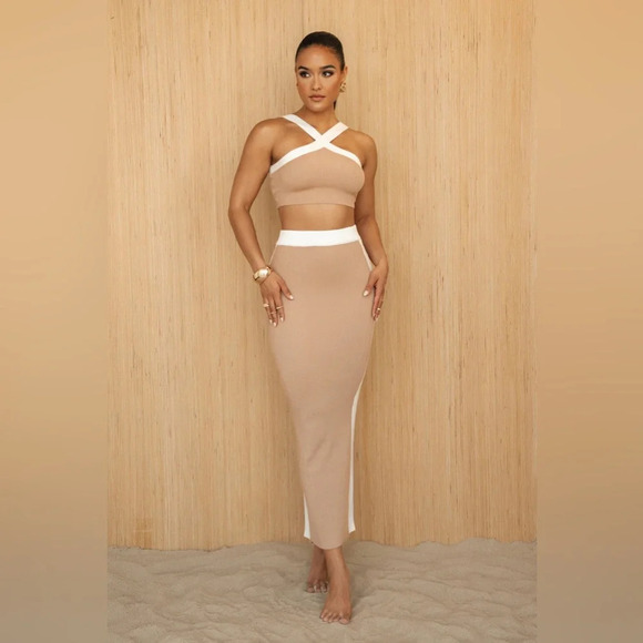 JLUXLABEL Tan White Ribbed Knit Fall Midi Skirt Split Back S - Picture 2 of 10